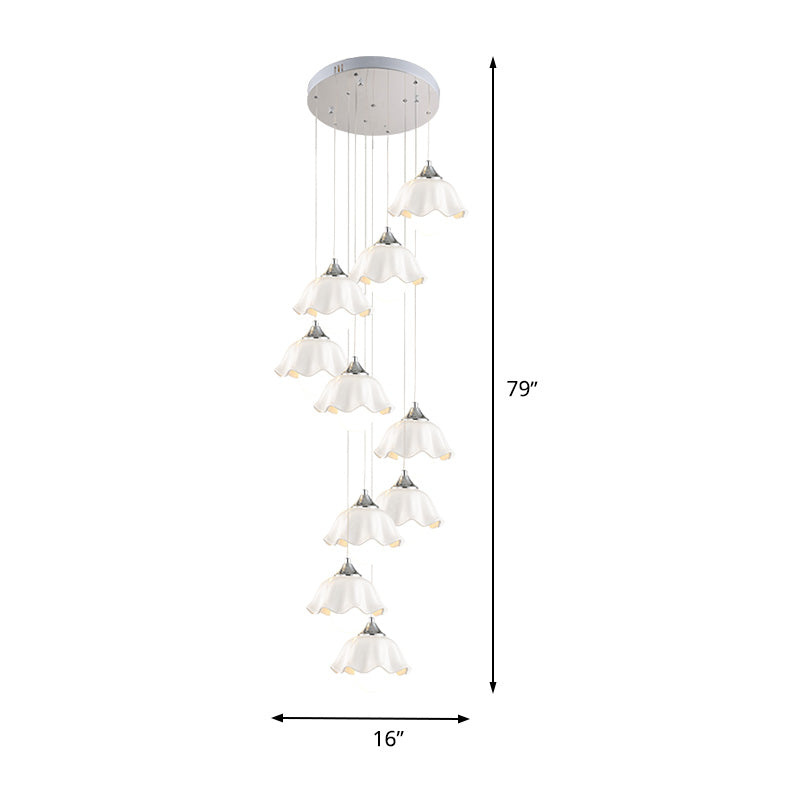 White Glass Scalloped Suspension Light Contemporary 10 Lights Living Room Multi Pendant Lamp