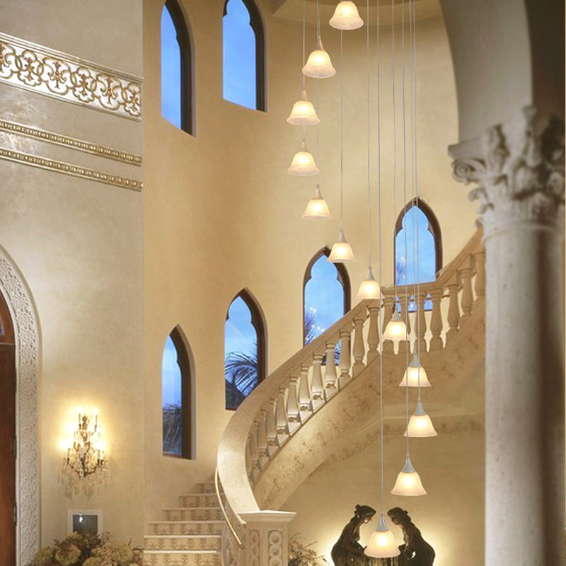 Modernist Floral Ceiling Pendant Lamp 12 Bulbs White Glass Multiple Hanging Light