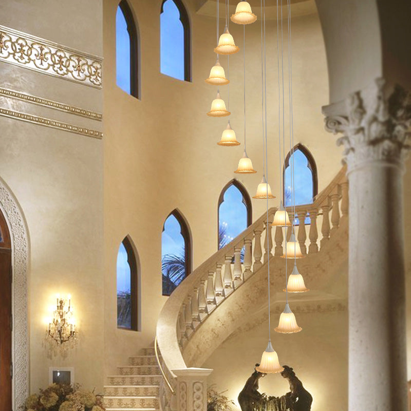 White Glass Flower Multi Pendant Modern 12 Lights Stair Hanging Ceiling Lamp with Spiral Design