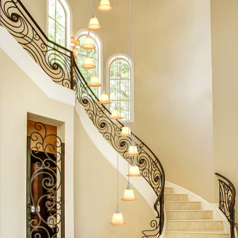 White Glass Flower Multi Pendant Modern 12 Lights Stair Hanging Ceiling Lamp with Spiral Design