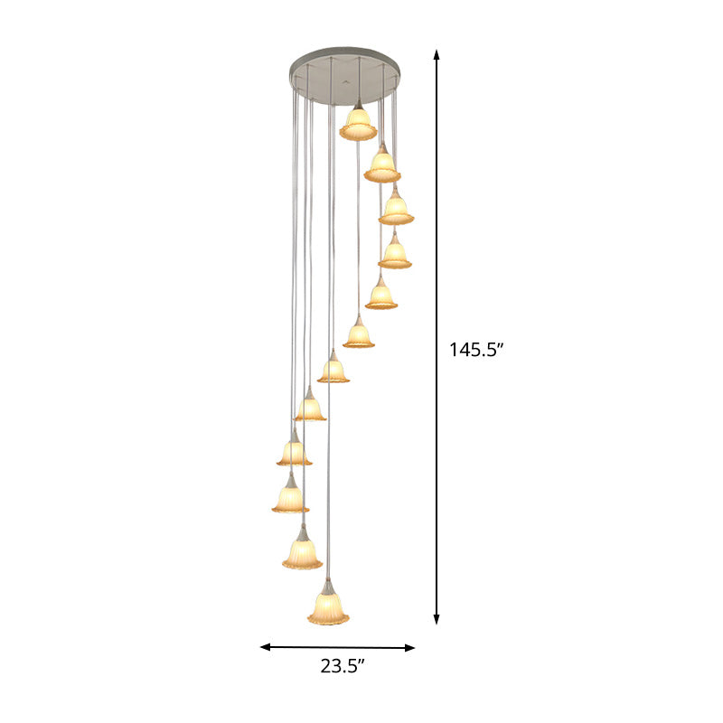 White Glass Flower Multi Pendant Modern 12 Lights Stair Hanging Ceiling Lamp with Spiral Design