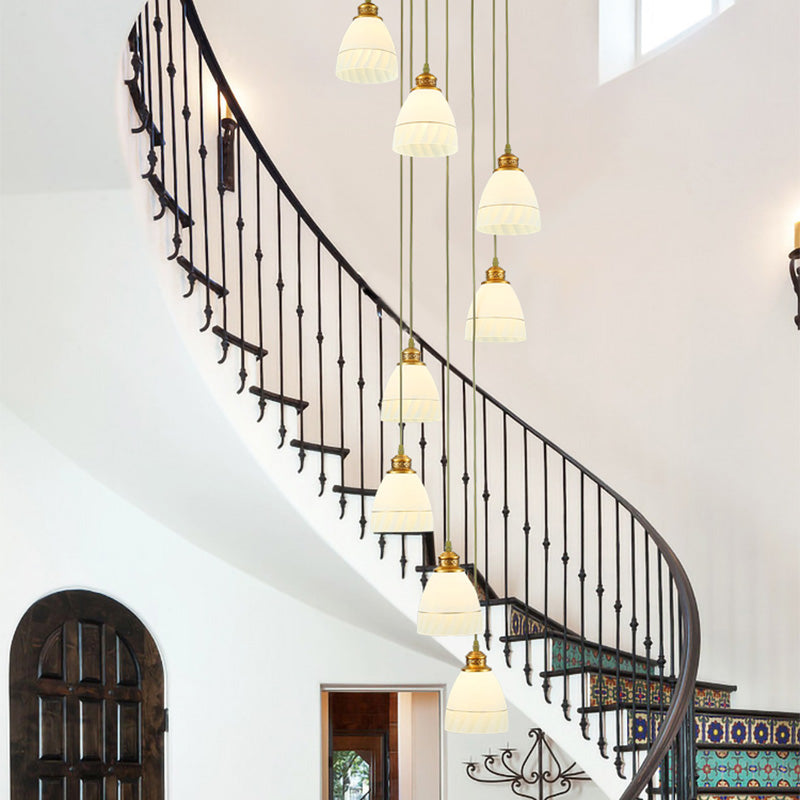 8-Head Pendant Lighting Modernism Stair Multi Ceiling Light with Bell/Dome White Glass Shade
