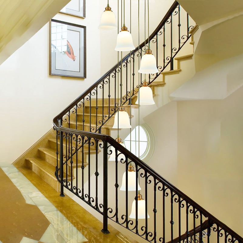 8-Head Pendant Lighting Modernism Stair Multi Ceiling Light with Bell/Dome White Glass Shade