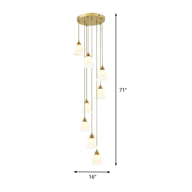 8-Head Pendant Lighting Modernism Stair Multi Ceiling Light with Bell/Dome White Glass Shade