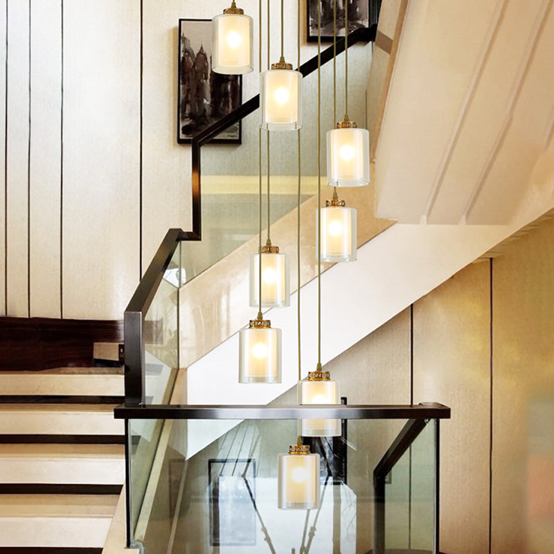 8 Heads Hanging Lighting Modernist Cylinder Clear and White Glass Multi Lamp Pendant