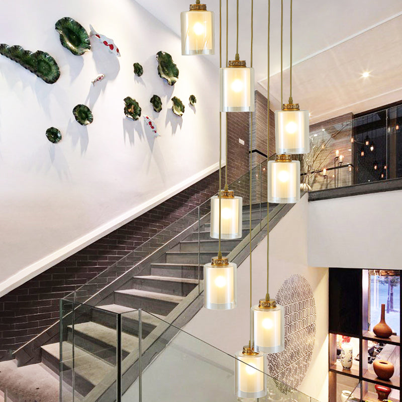 8 Heads Hanging Lighting Modernist Cylinder Clear and White Glass Multi Lamp Pendant