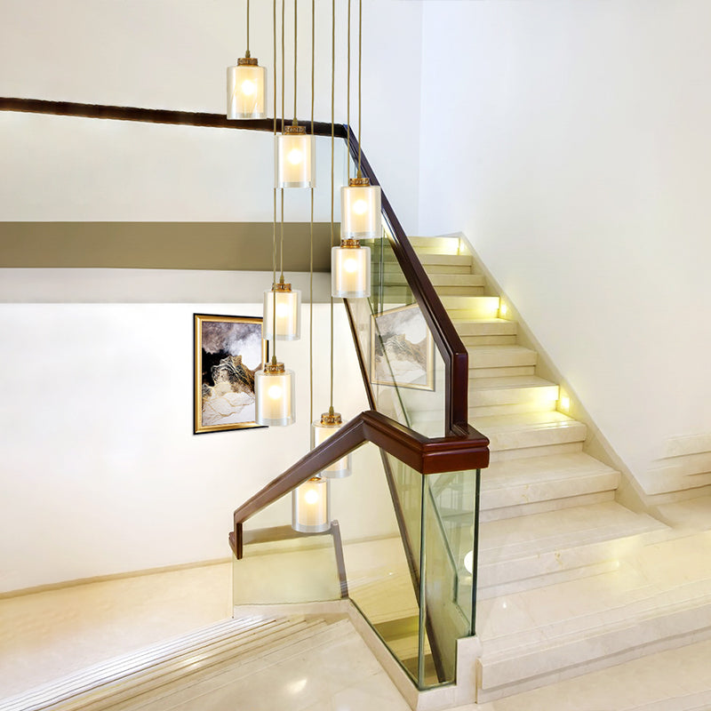 8 Heads Hanging Lighting Modernist Cylinder Clear and White Glass Multi Lamp Pendant