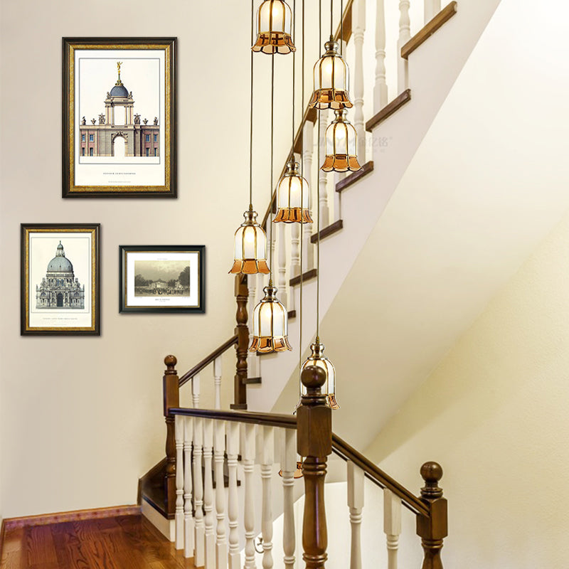 Brass 8-Bulb Multiple Hanging Light Colonial Milk Glass Floral Suspended Pendant Lamp