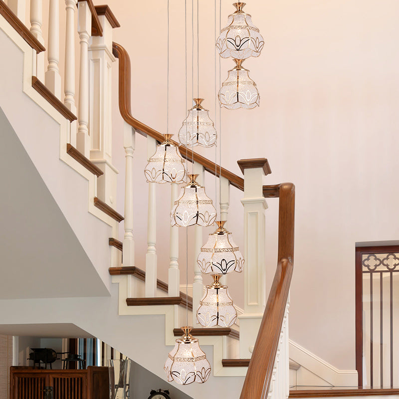White Glass Spiral Hanging Light Contemporary 8-Light Stair Multi Lamp Pendant with Flower Shade
