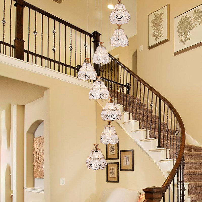 White Glass Spiral Hanging Light Contemporary 8-Light Stair Multi Lamp Pendant with Flower Shade