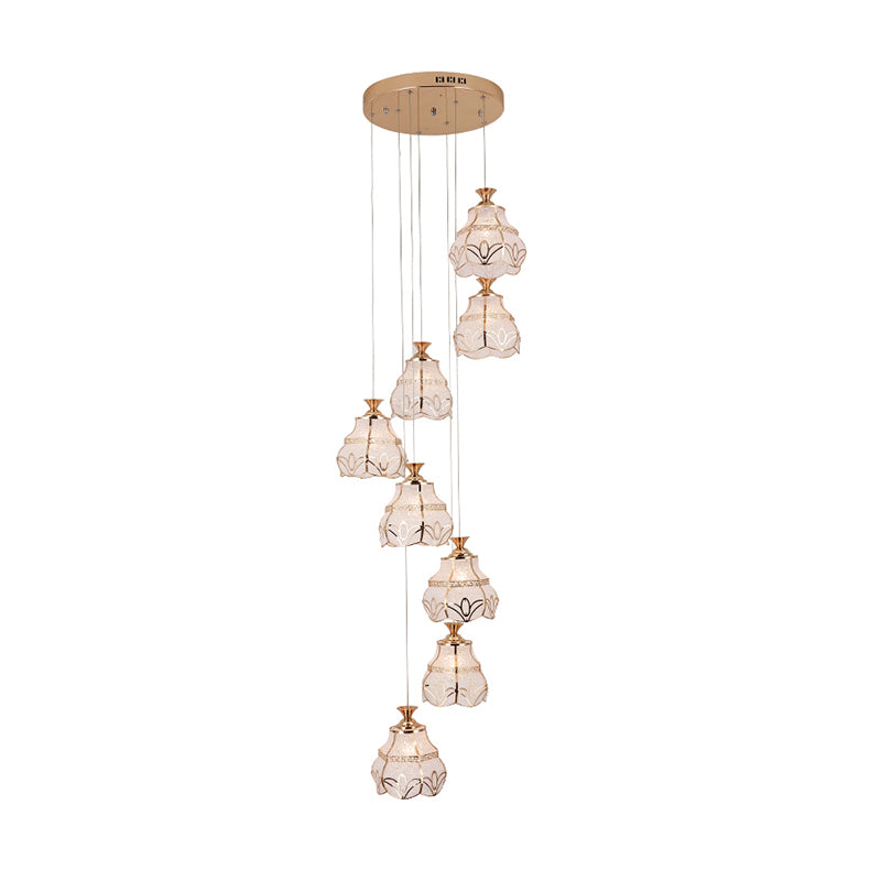 White Glass Spiral Hanging Light Contemporary 8-Light Stair Multi Lamp Pendant with Flower Shade
