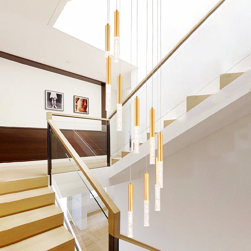 Gold Slim Tube Hanging Lighting Modern Acrylic 10 Lights Stair Multi Light Pendant Chandelier