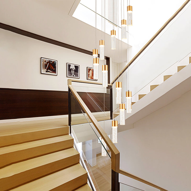 12 Heads Acrylic Pendant Lighting Modernist Gold/Silver Tube Stair Multiple Hanging Lamp with Spiral Design