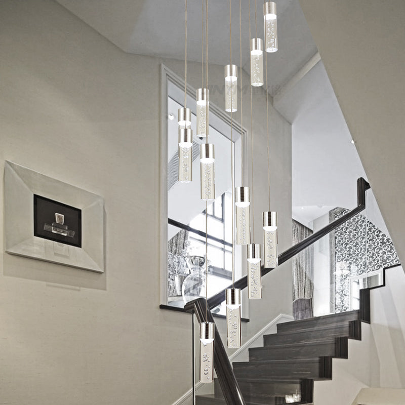 12 Heads Acrylic Pendant Lighting Modernist Gold/Silver Tube Stair Multiple Hanging Lamp with Spiral Design
