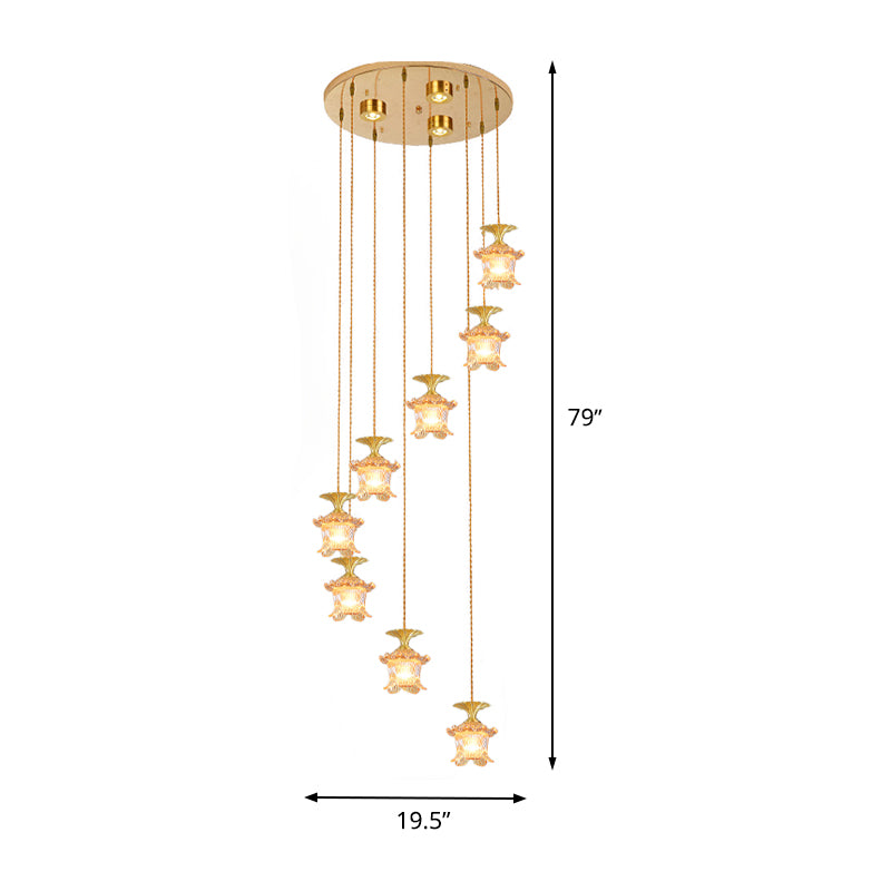 Modernist Globe/Cylinder Pendant Lamp 8-Head Tan Prismatic Glass Multi Light Chandelier in Brass