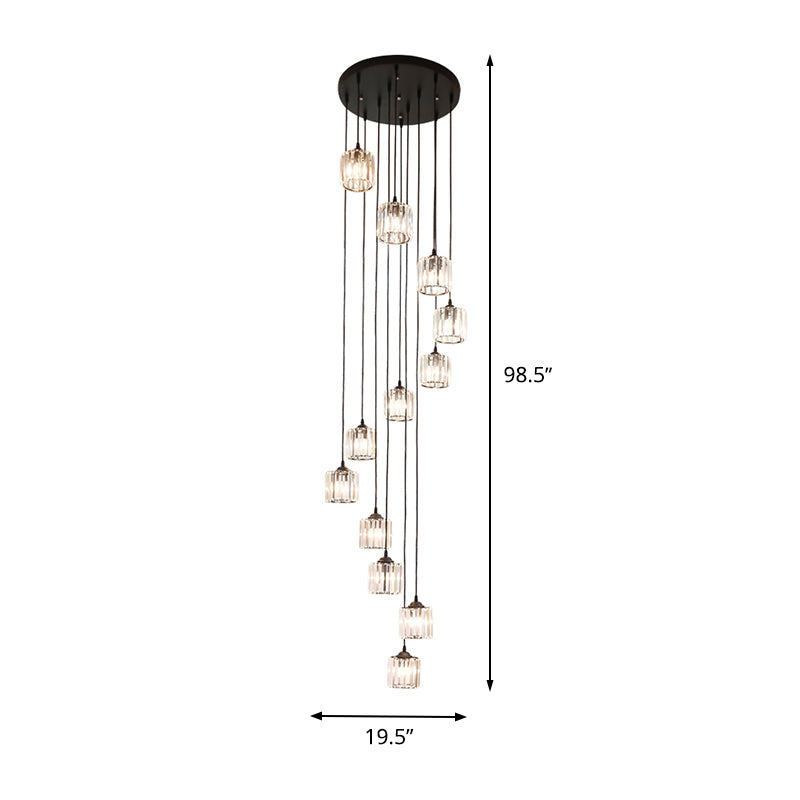 12 Lights Crystal Hanging Lighting Contemporary Black Cylinder Living Room Multiple Lamp Pendant