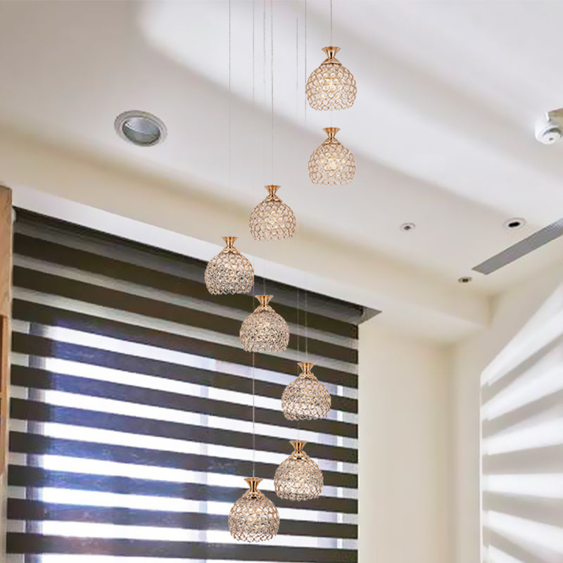 Brass 8 Heads Suspension Lighting Modernism Crystal Dome Shade Cluster Pendant Lamp