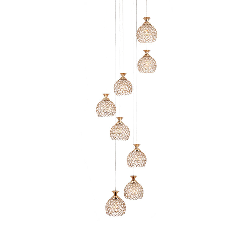 Brass 8 Heads Suspension Lighting Modernism Crystal Dome Shade Cluster Pendant Lamp