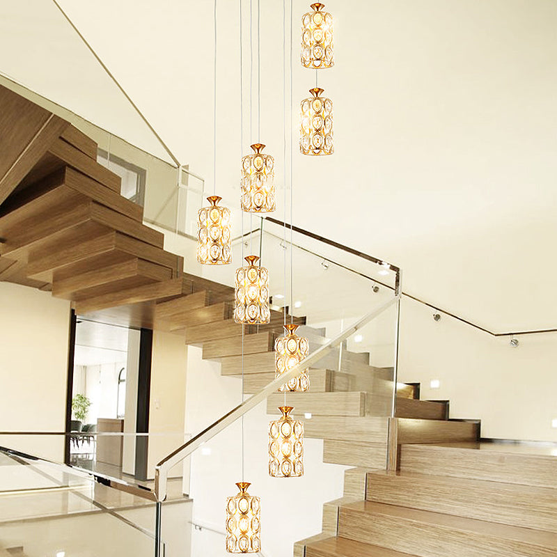8-Light Multi Ceiling Light Modernism Cylinder Crystal Hanging Lamp Fixture in Brass