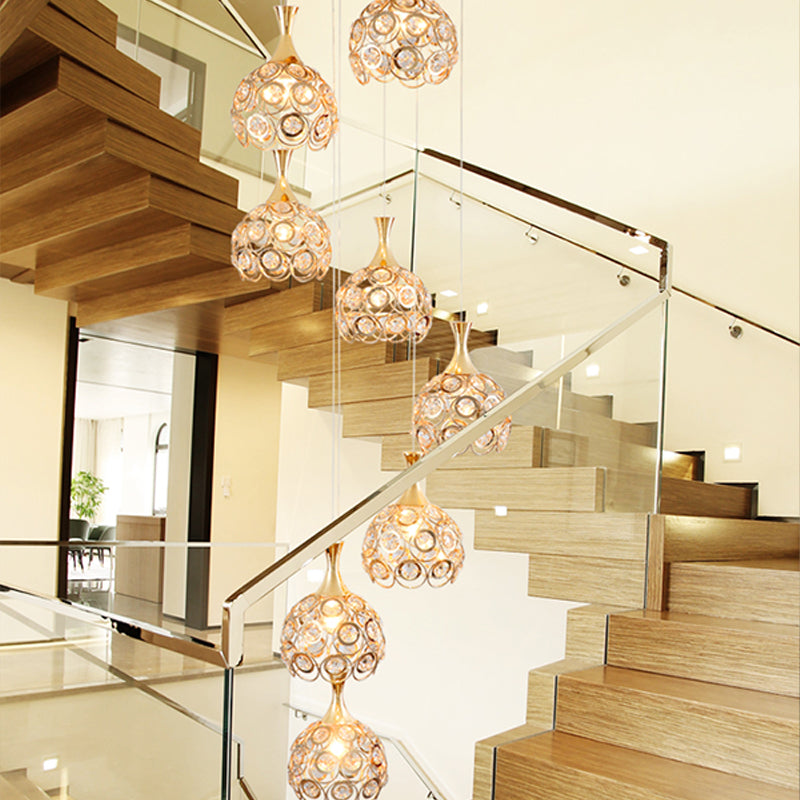 Dome Stair Cluster Pendant Lamp Minimalist Crystal 8 Lights Gold Suspension Light Fixture