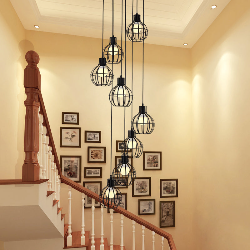 6 bulbos Globe Cage Hanging Lighting Industrial Black Metal Multi Light Pendse con diseño de espiral