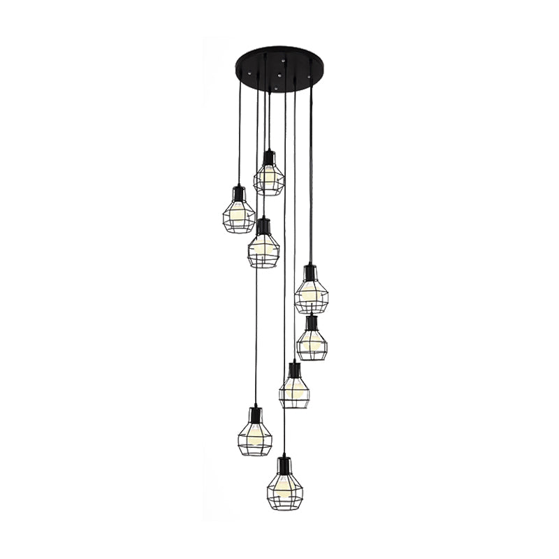6 bulbos Globe Cage Hanging Lighting Industrial Black Metal Multi Light Pendse con diseño de espiral