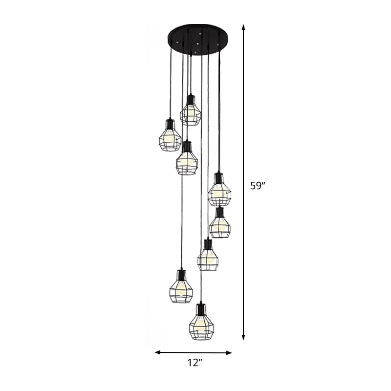 6 bulbos Globe Cage Hanging Lighting Industrial Black Metal Multi Light Pendse con diseño de espiral
