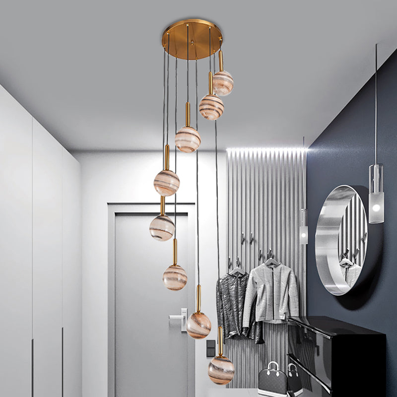 Lámpara de techo colgante de 8 luces colgante de clúster de vidrio marrón marrón moderno con diseño de espiral
