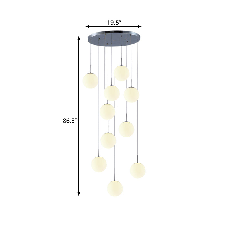 Silver 10 Heads Hanging Light Kit Modernism White Glass Meteor Shower Cluster Pendant Lamp