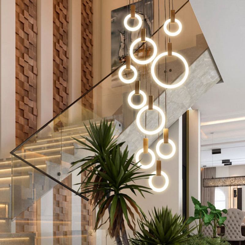 Rings Acrylic Cluster Pendant Light Simple 10 Heads Living Room Hanging Ceiling Lamp in White, Round/Linear Canopy