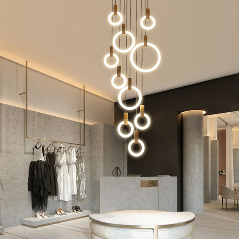 Rings Acrylic Cluster Pendant Light Simple 10 Heads Living Room Hanging Ceiling Lamp in White, Round/Linear Canopy