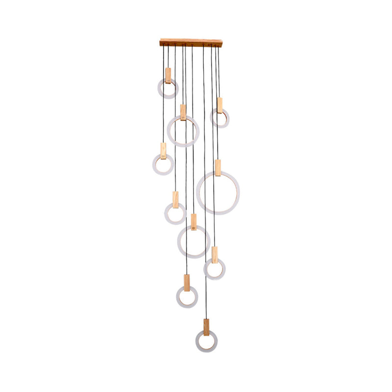 Rings Acrylic Cluster Pendant Light Simple 10 Heads Living Room Hanging Ceiling Lamp in White, Round/Linear Canopy