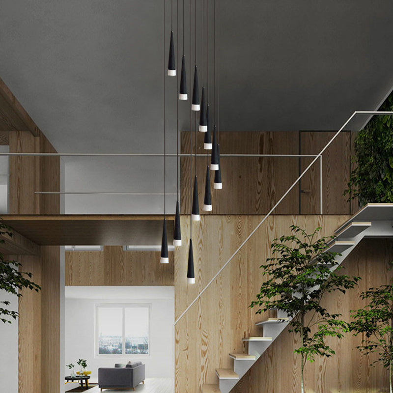 Acrylic Black Hanging Lamp Cone 9/12/18 Lights Contemporary Multi Light Pendant with Spiral Design for Stair