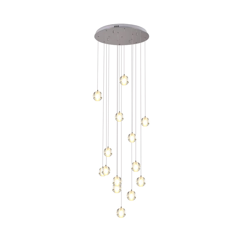 14-Bulb Crystal Cluster Pendant Light Modern White Meteor Shower Stair Hanging Lamp with Round/Linear Canopy