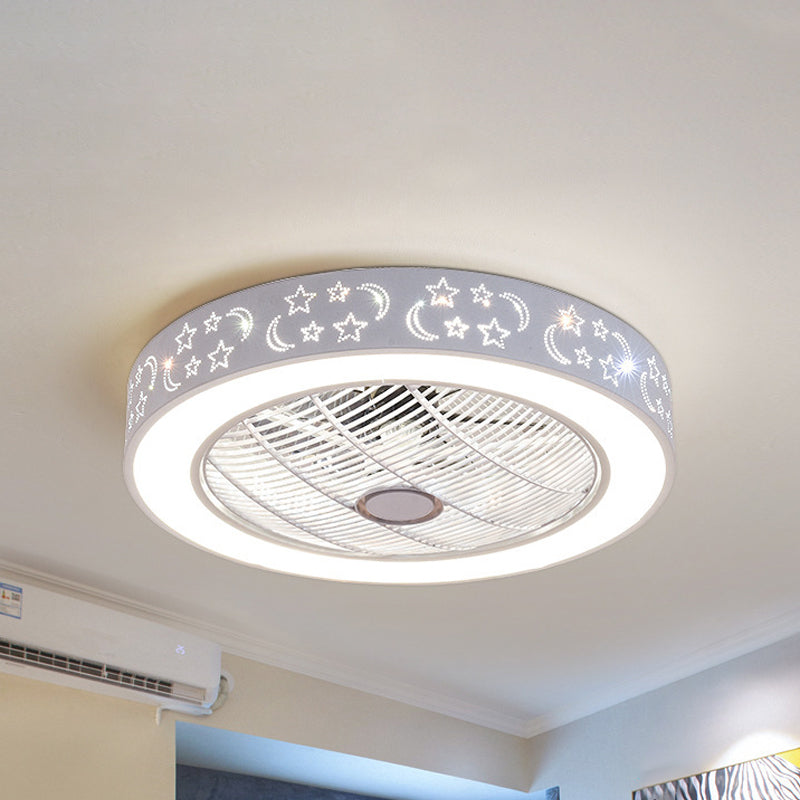 LED Hanging Fan Lamp Kids Living Room 3 Blades Semi Flush Mounted Light with Round/Moon/Square Acrylic Shade in White, 21.5' Wide