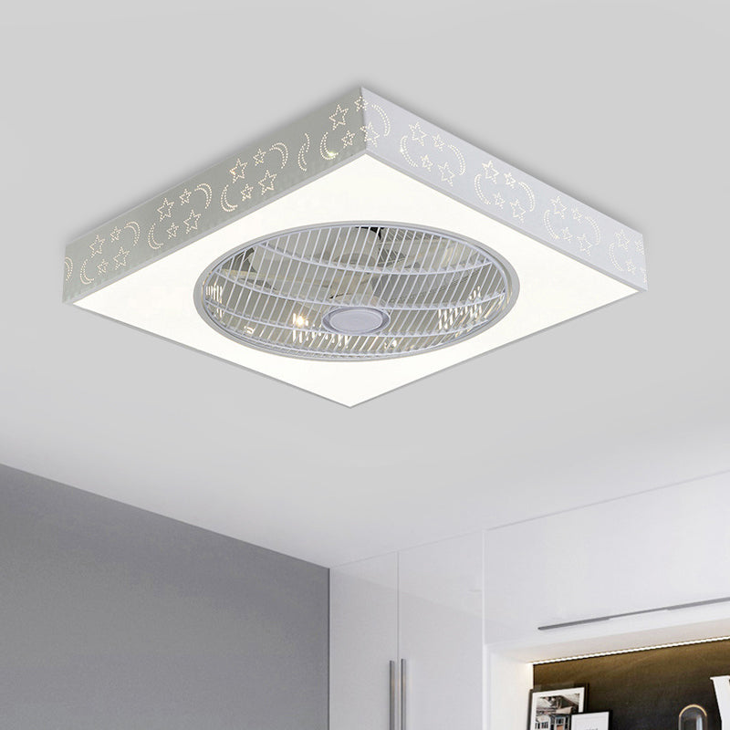 LED Hanging Fan Lamp Kids Living Room 3 Blades Semi Flush Mounted Light with Round/Moon/Square Acrylic Shade in White, 21.5' Wide