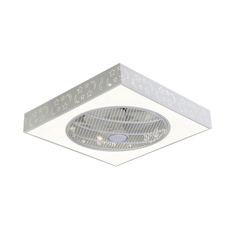 LED Hanging Fan Lamp Kids Living Room 3 Blades Semi Flush Mounted Light with Round/Moon/Square Acrylic Shade in White, 21.5' Wide