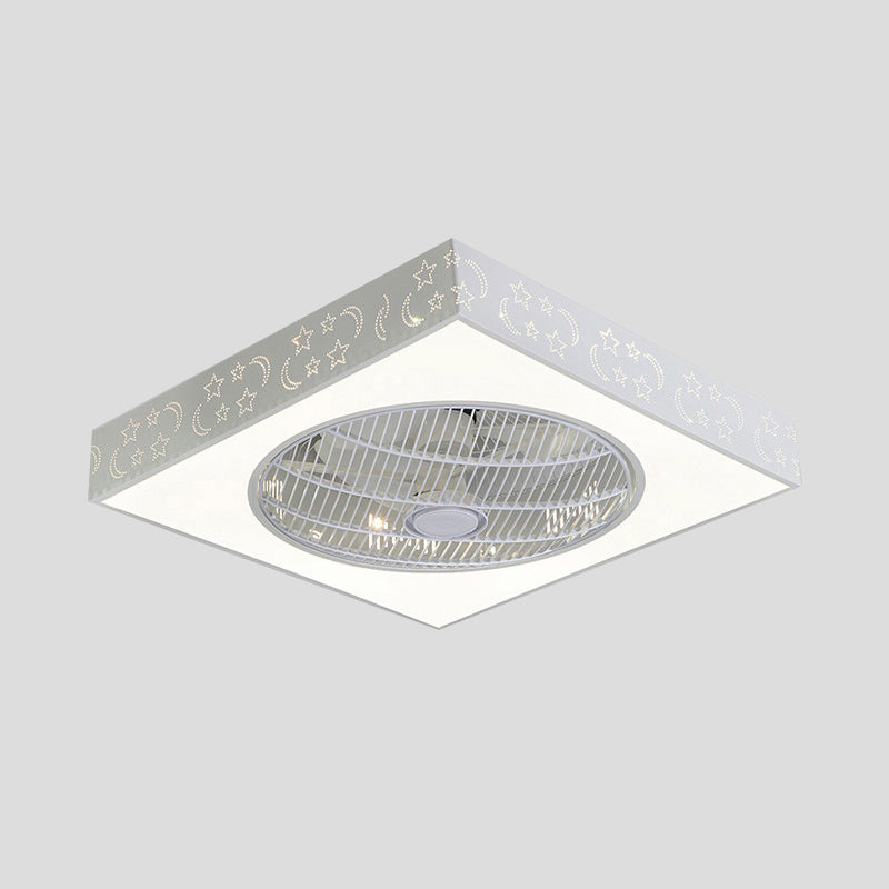 LED Hanging Fan Lamp Kids Living Room 3 Blades Semi Flush Mounted Light with Round/Moon/Square Acrylic Shade in White, 21.5' Wide