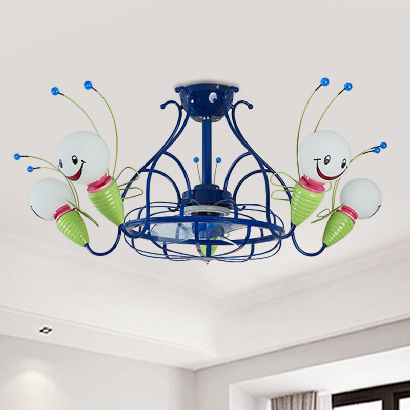 Modern Radial Hanging Fan Light Fixture 5 Heads Metallic 3 Blades Semi Flush Lamp in Blue for Bedroom, 30" Wide