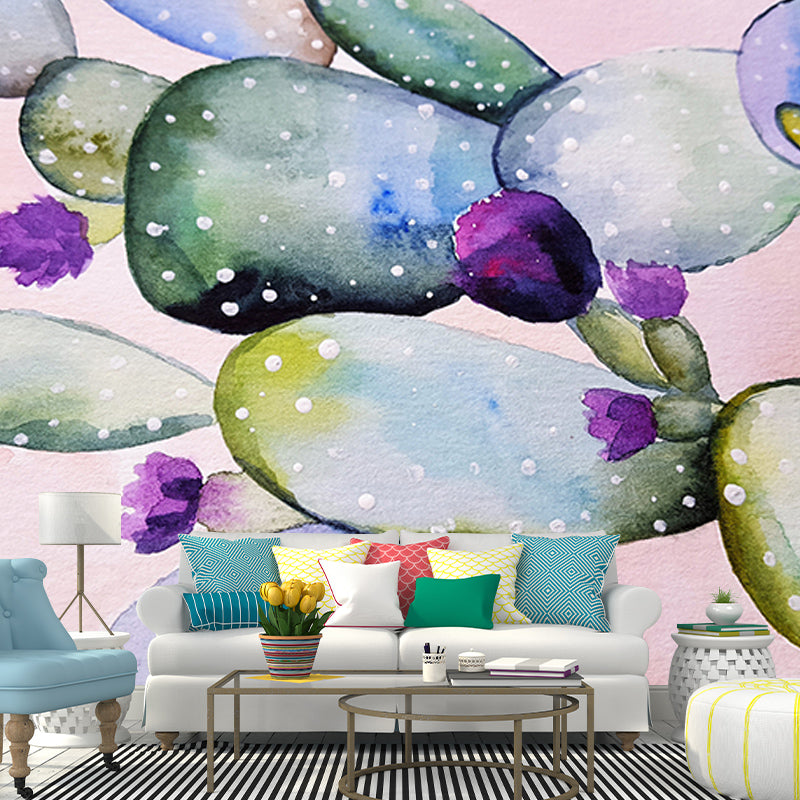 Tropical Cactus Illustration Mural Personalized Size Wall Covering for Sleeping Room