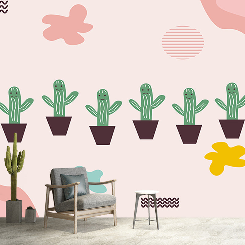 Tropical Cactus Illustration Mural Personalized Size Wall Covering for Sleeping Room