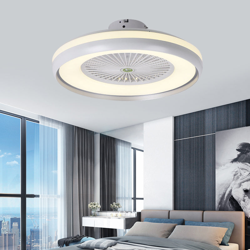 Round Bedroom Semi Flush Light Fixture Contemporary Acrylic Grey/Dark Coffee/Champagne 23.5" Wide LED Hanging Fan Lamp, 5 Blades