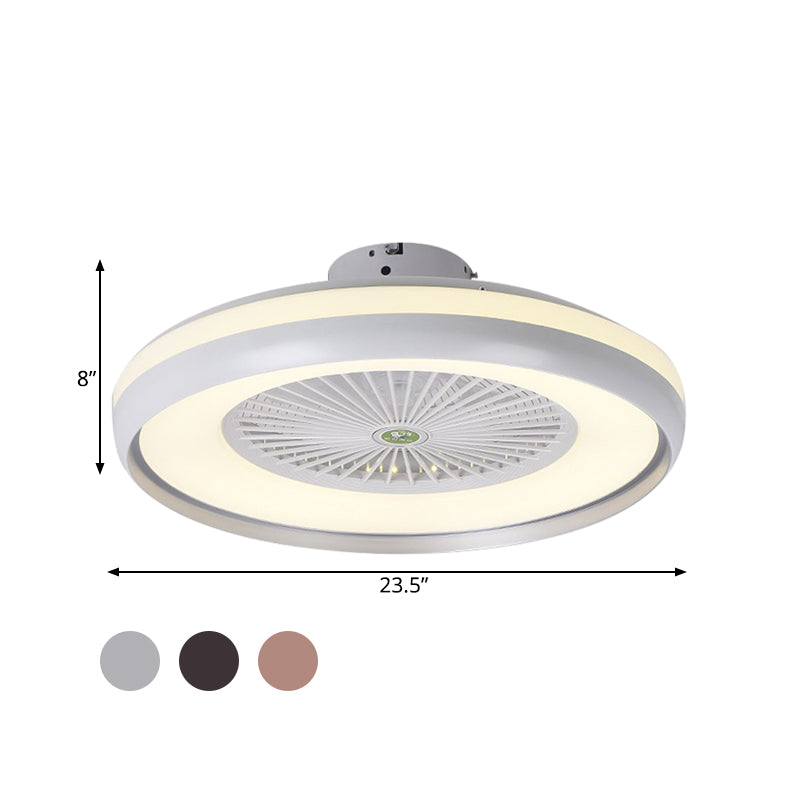 Round Bedroom Semi Flush Light Fixture Contemporary Acrylic Grey/Dark Coffee/Champagne 23.5" Wide LED Hanging Fan Lamp, 5 Blades