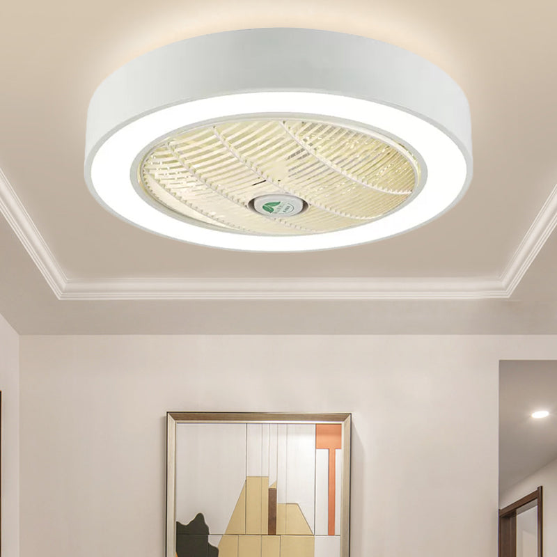 23.5" W LED Drum Fan Light Fixture Minimalist White/Black Finish Metallic 6 Blades Semi Flush Mounted Lamp for Bedroom