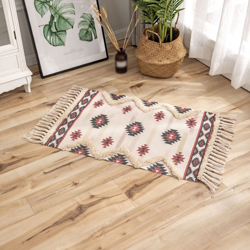 Stylish Area Carpet Geometric Pattern Polyester Area Rug Fringe Stain Resistant Rug for Home Decor