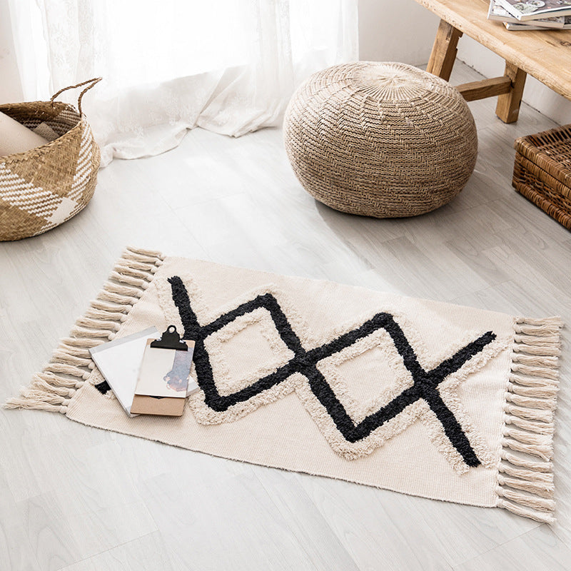 Stylish Area Carpet Geometric Pattern Polyester Area Rug Fringe Stain Resistant Rug for Home Decor
