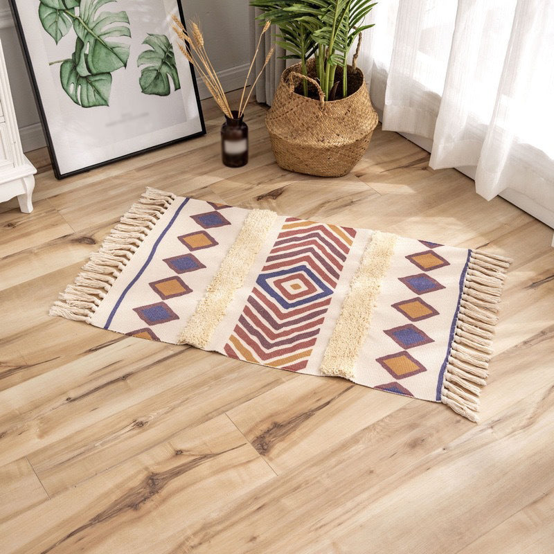 Stylish Area Carpet Geometric Pattern Polyester Area Rug Fringe Stain Resistant Rug for Home Decor