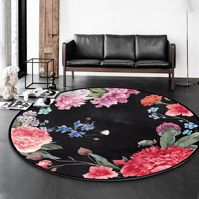 Black Living Room Area Rug Floral Pattern Polyester Area Carpet Stain Resistant Rug