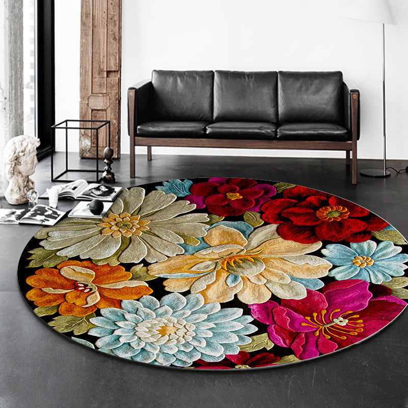 Black Living Room Area Rug Floral Pattern Polyester Area Carpet Stain Resistant Rug