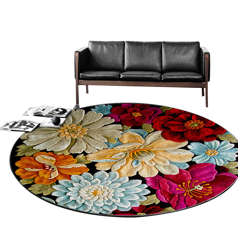 Black Living Room Area Rug Floral Pattern Polyester Area Carpet Stain Resistant Rug